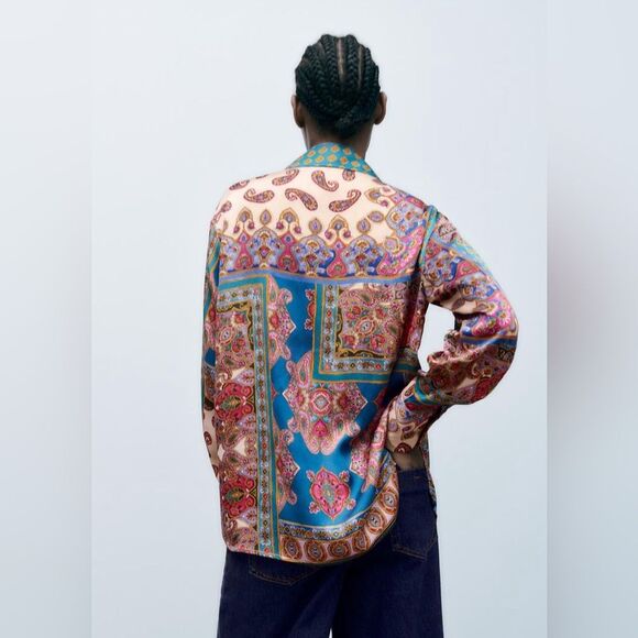 ZARA Patchwork scarf Print Satin Effect Shirt buttondown blouse boho 70’s Sz M - Picture 4 of 11